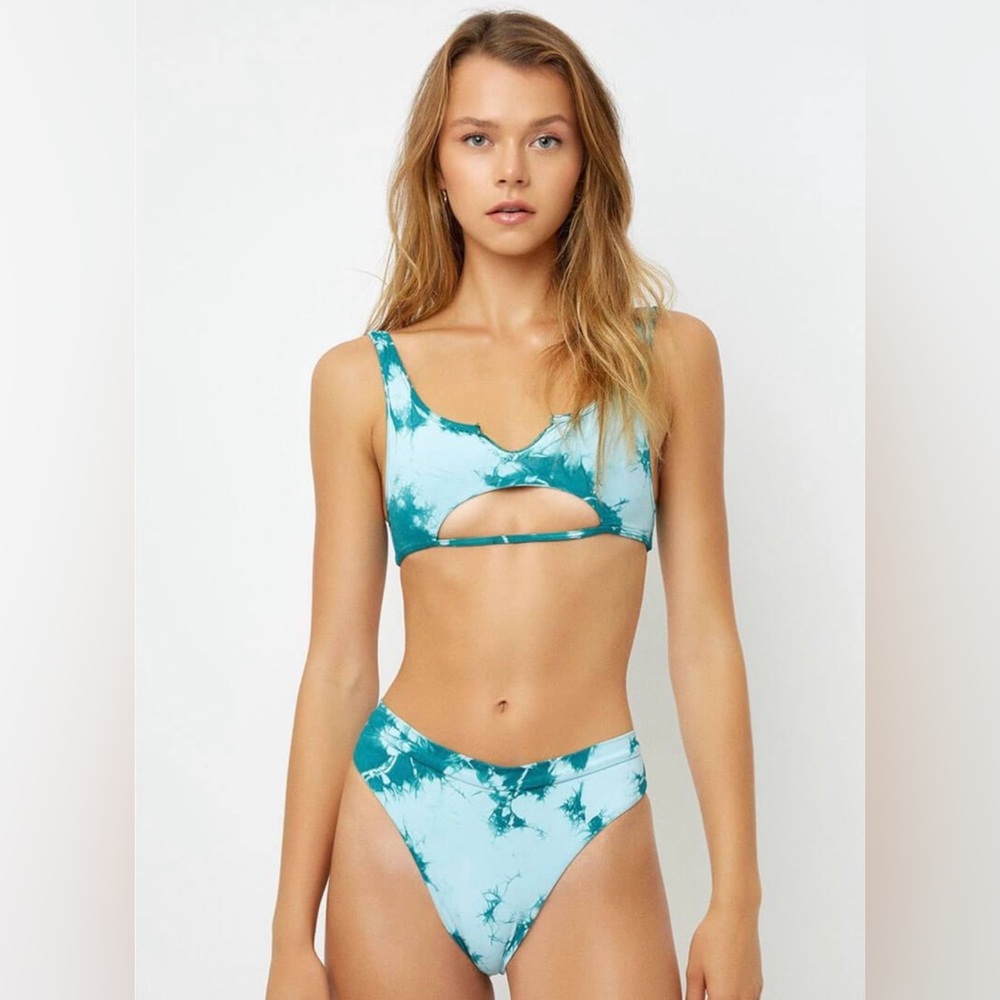 Frankie’s Bikinis Briar Top + High Waisted Geo Bottoms in Emerald Tie Dye